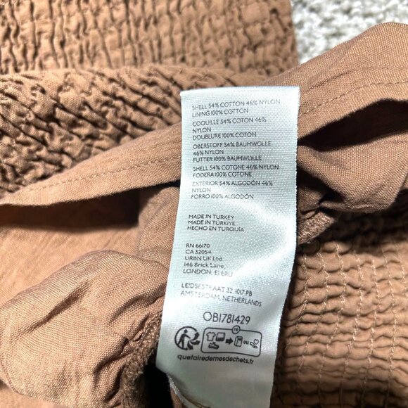 Anthropologie Women's Sz Small Smocked Off-Shoulder Midi Brown Dress Ruffle Hem - Picture 5 of 9